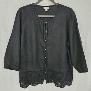 J Jill Linen Button-Up Blouse Womens Large Lace, Embroidered